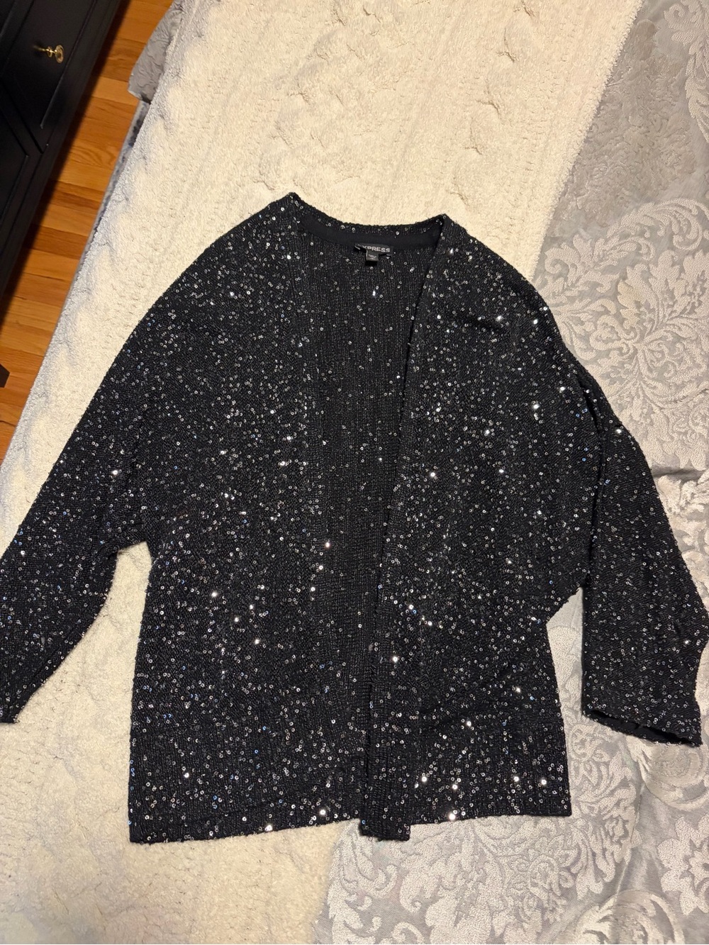 Express Black Sequin Open-Front Cardigan